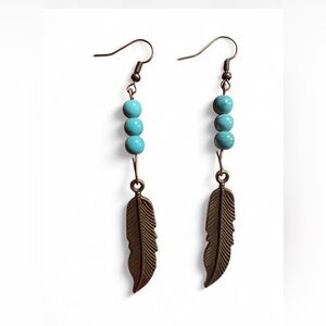 Handmade Bronze Feather & Turquoise Dangle Earrings